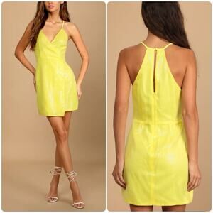 LULUS Brightest Idea Neon Yellow Sequin Bodycon Mini Wrap Dress Party Club Sz S